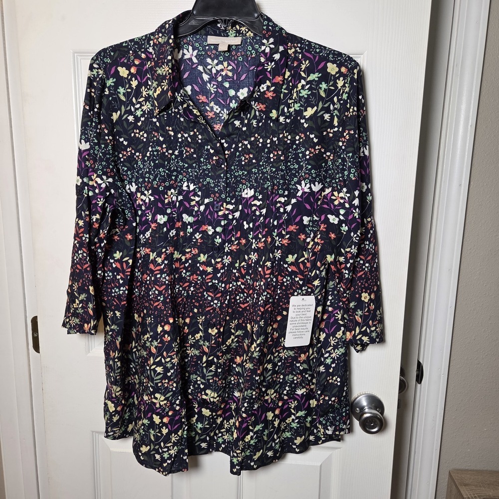 Woman Within sz 1X 22/24 blue floral button up tunic top NWT casual boho garden